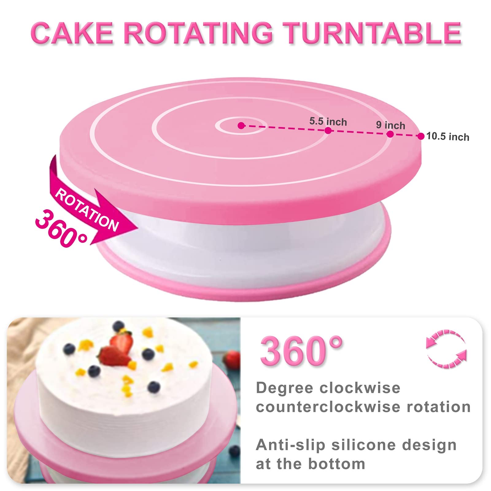 AKHMLEF non-slip base keeps cakes steady during decorating.