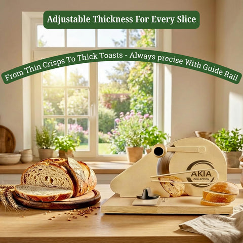 Akia Collection adjustable thickness guide ensures uniform slices from soft to crusty breads.