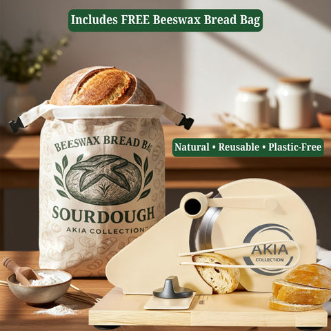 Akia Collection hand crank operation enables safe, quiet slicing of homemade loaves.