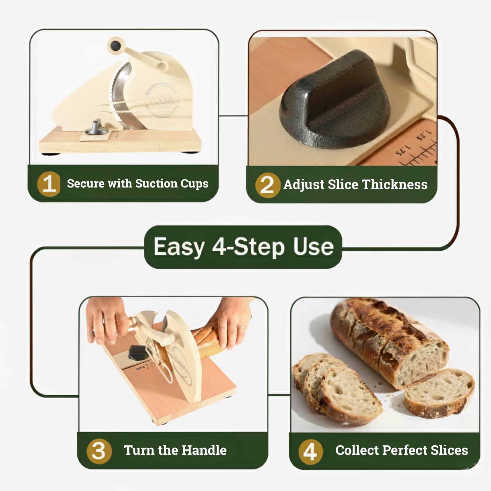 Akia Collection suction cup feet keep the slicer steady during thick crust slicing.