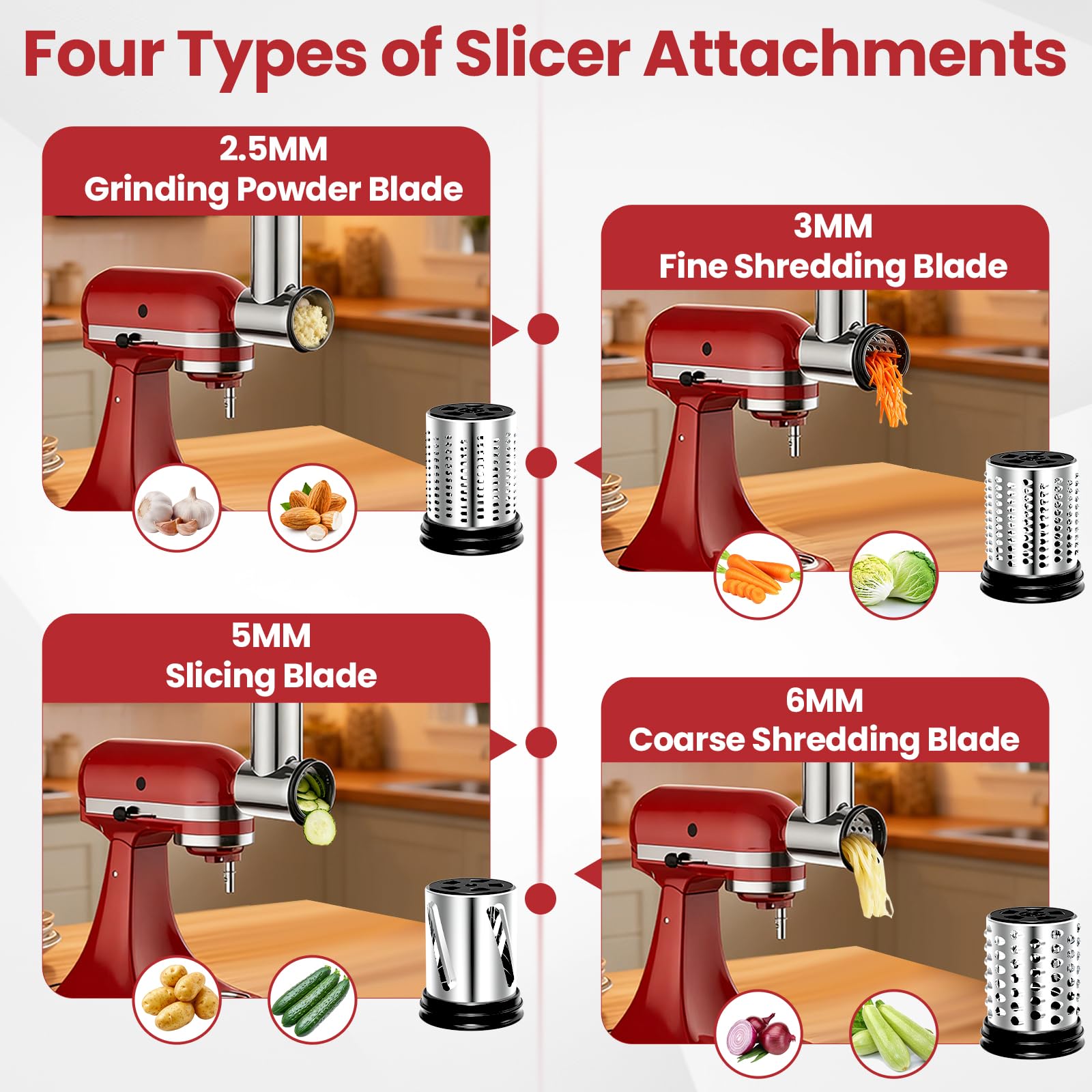 Akiosk blade collection for KitchenAid, precise cuts with four blades.