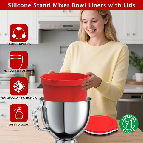 Akiosk red silicone liner for KitchenAid 5QT aids quick switching between mixtures.