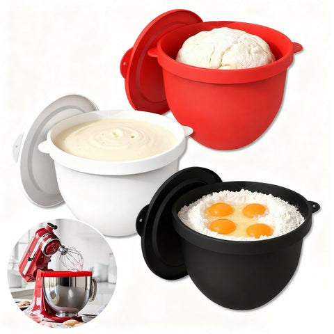 Akiosk silicone liner for KitchenAid 5QT bowl with pour spout for easy pouring.
