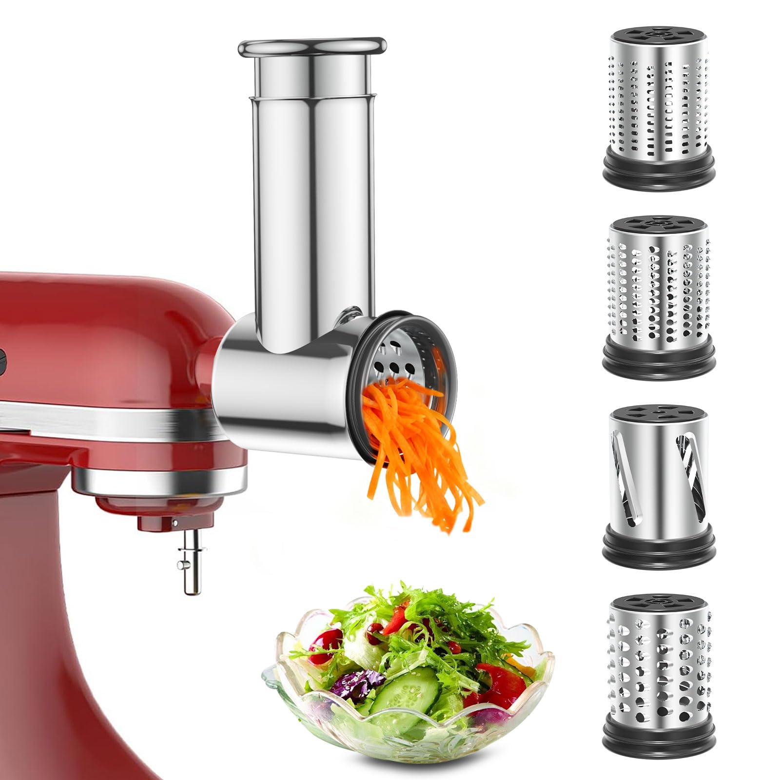 Akiosk slicer shredder attachment on KitchenAid, front view for versatile slicing and shredding.