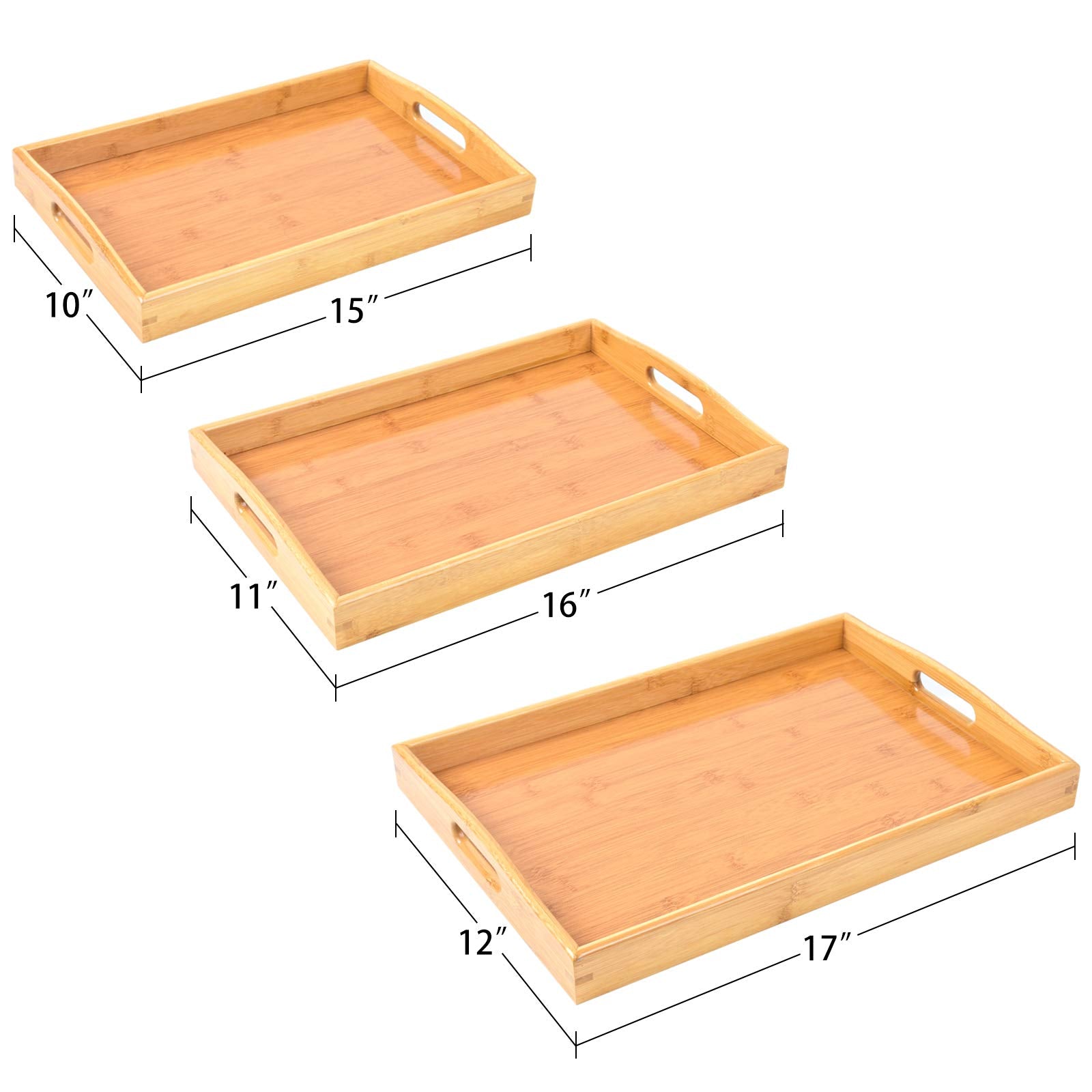 AKKAJJ bamboo serving trays with handles, stackable for space-saving storage
