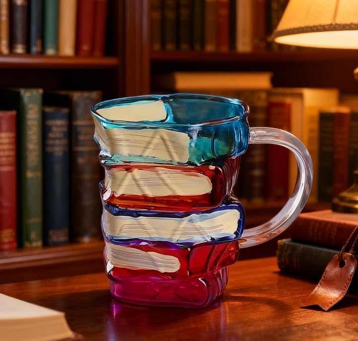 AKLOZYX Glass mug features blue and amber tones for a vibrant display.