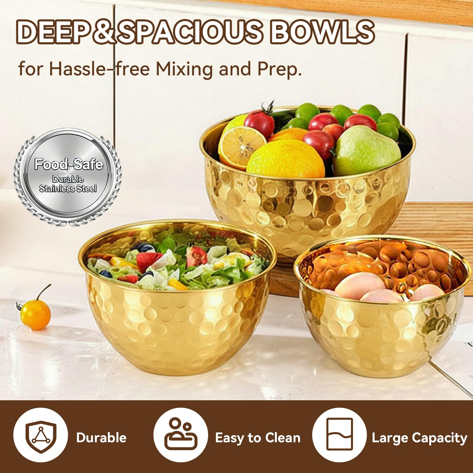 AKODENORA Gold bowls stack neatly for compact kitchen storage.