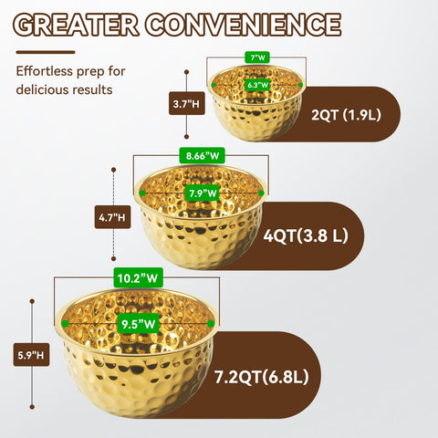 AKODENORA Gold bowls with wide rim enhance mixing and stirring.