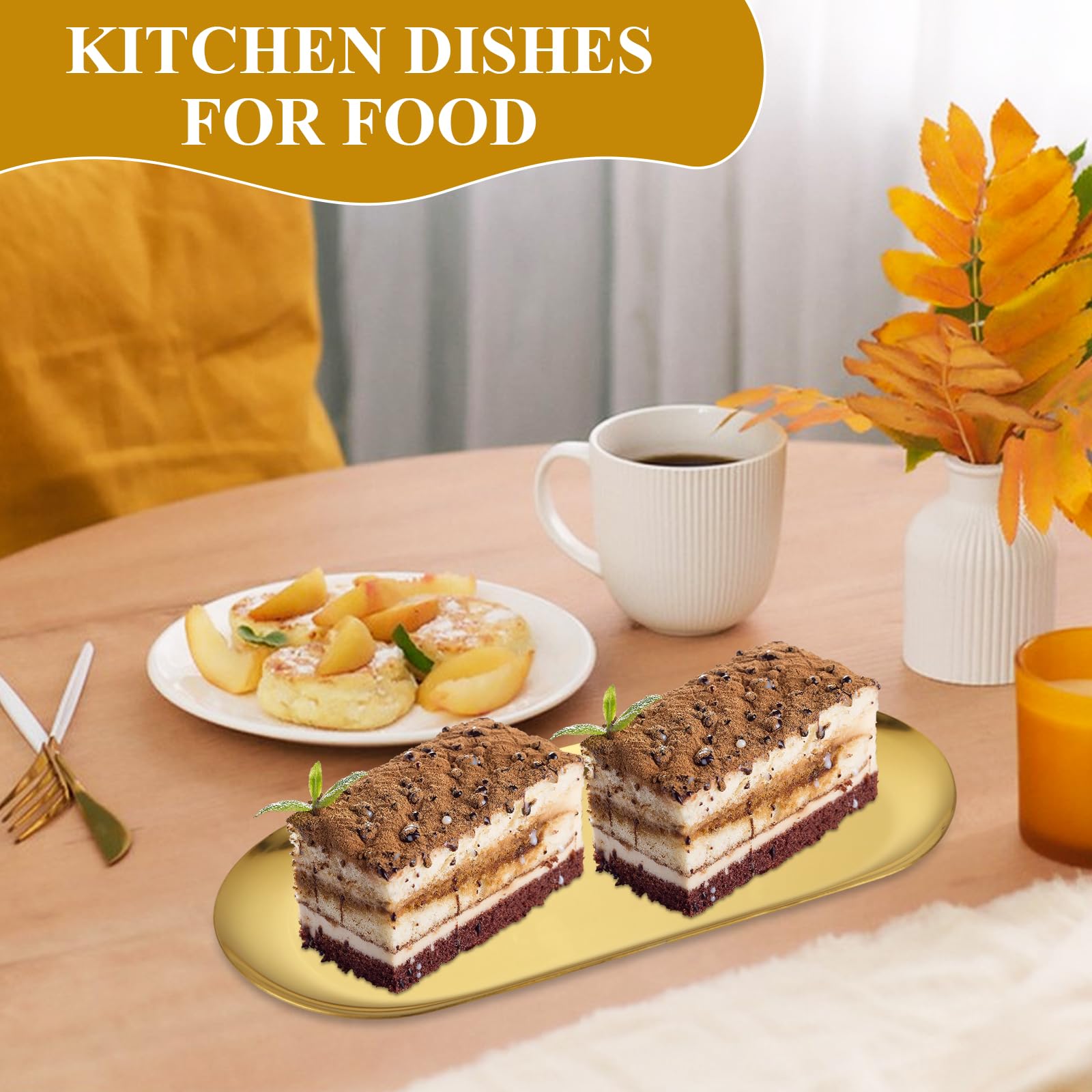 AKOLAFE gold oval tray with smooth edges protects furniture and hands.