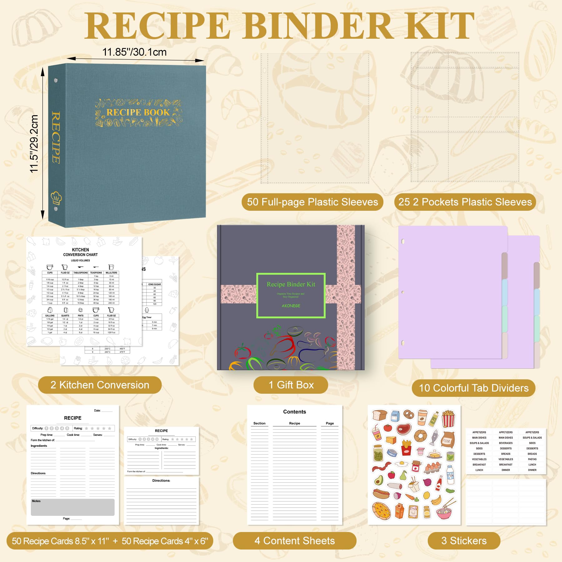 AKONEGE Recipe Binder open pages showing flexible 3-ring system for layout customization.