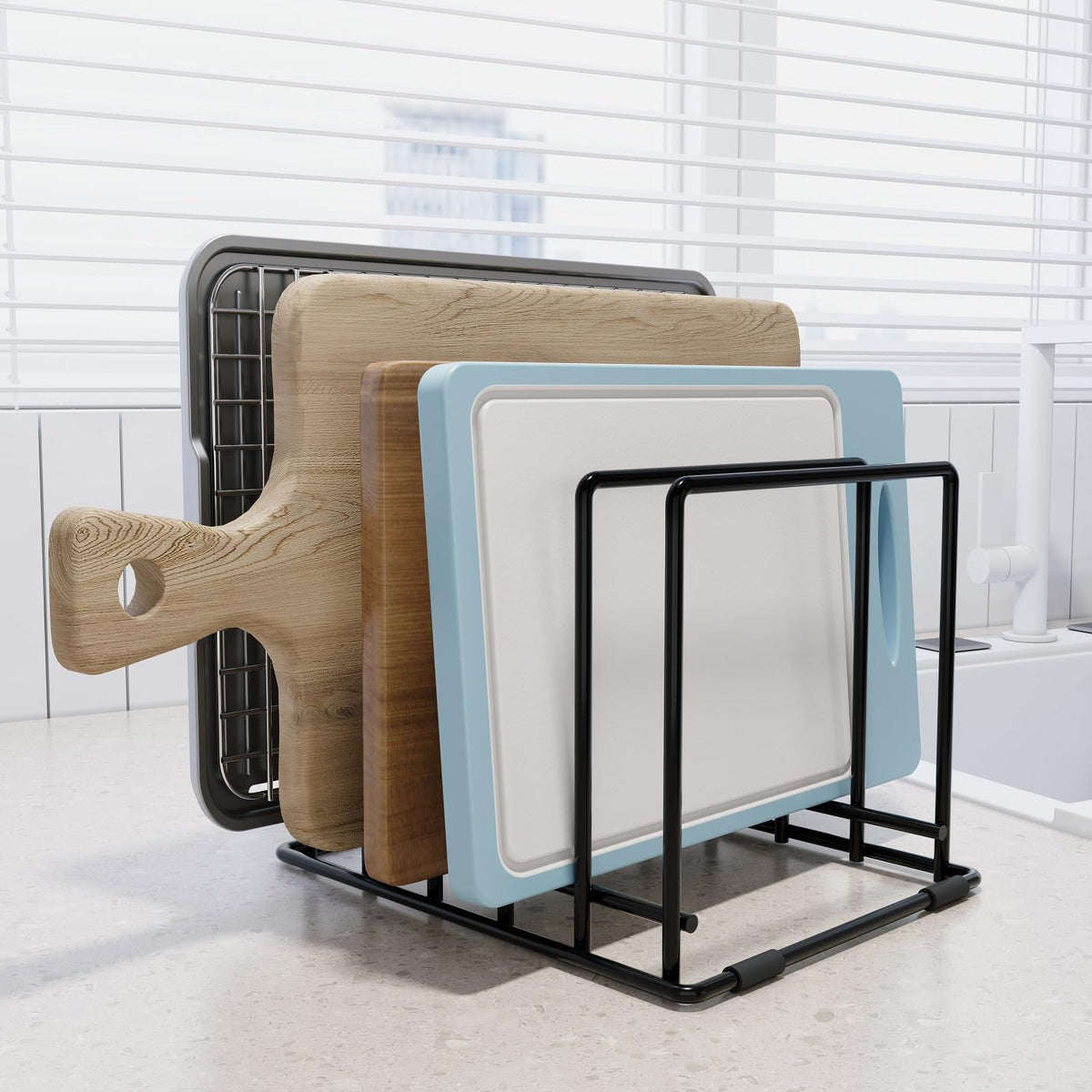 AKSONMN 5-slot baking sheet organizer on a countertop keeps bakeware neatly upright