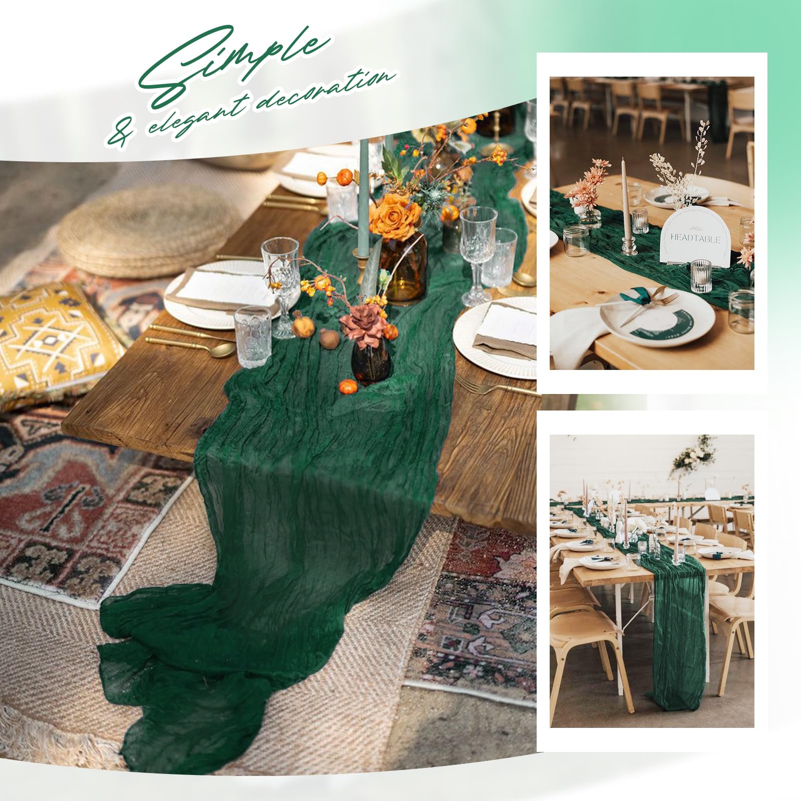 Aktor Emerald Green cheesecloth runner with neatly sewn edges for durability.