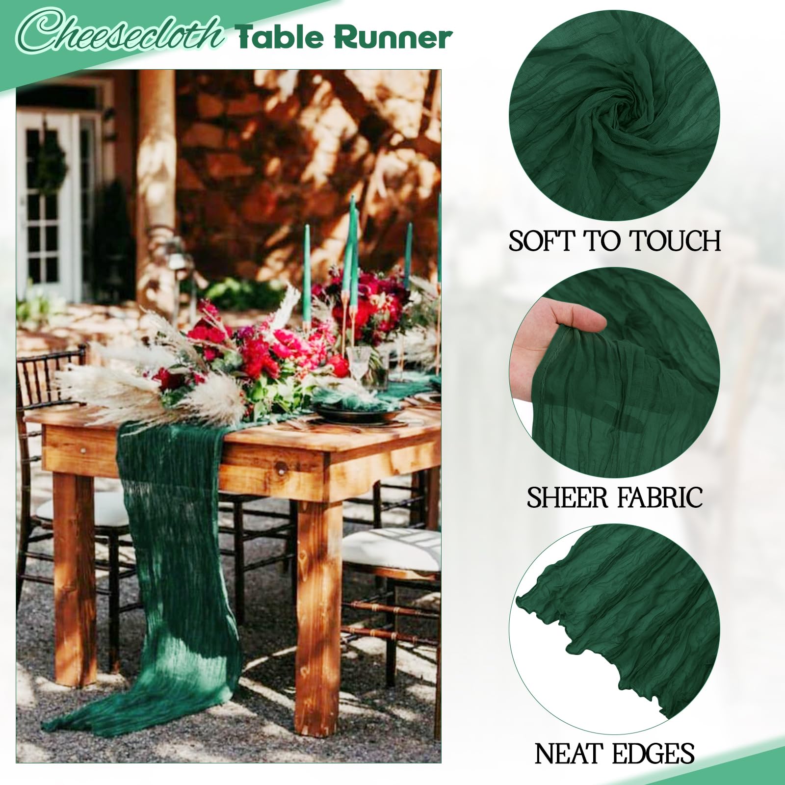 Aktor Emerald Green table runner draped on table adds romantic ambiance.