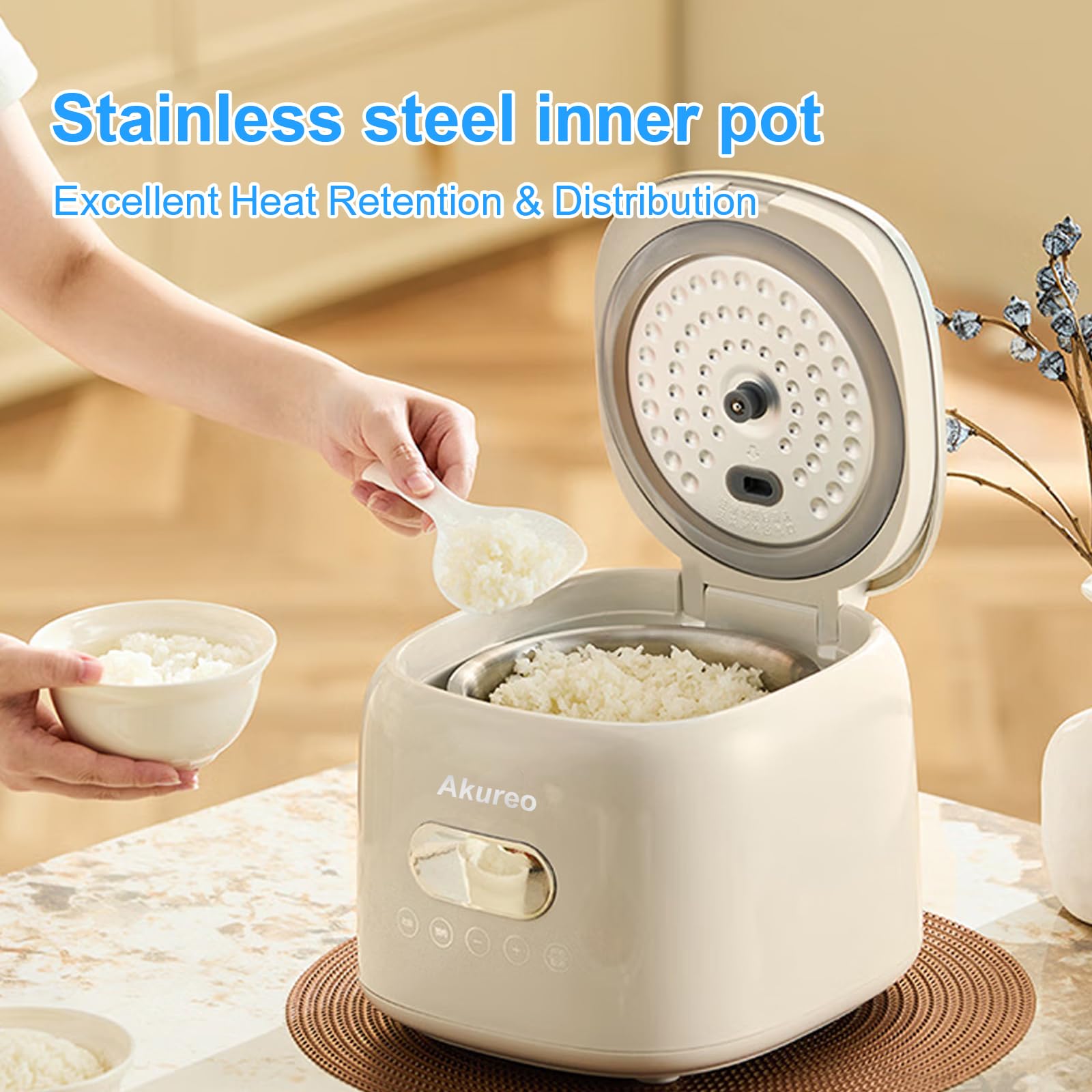 Akureo 5-cup cooker lid designed for even steam and aroma retention.