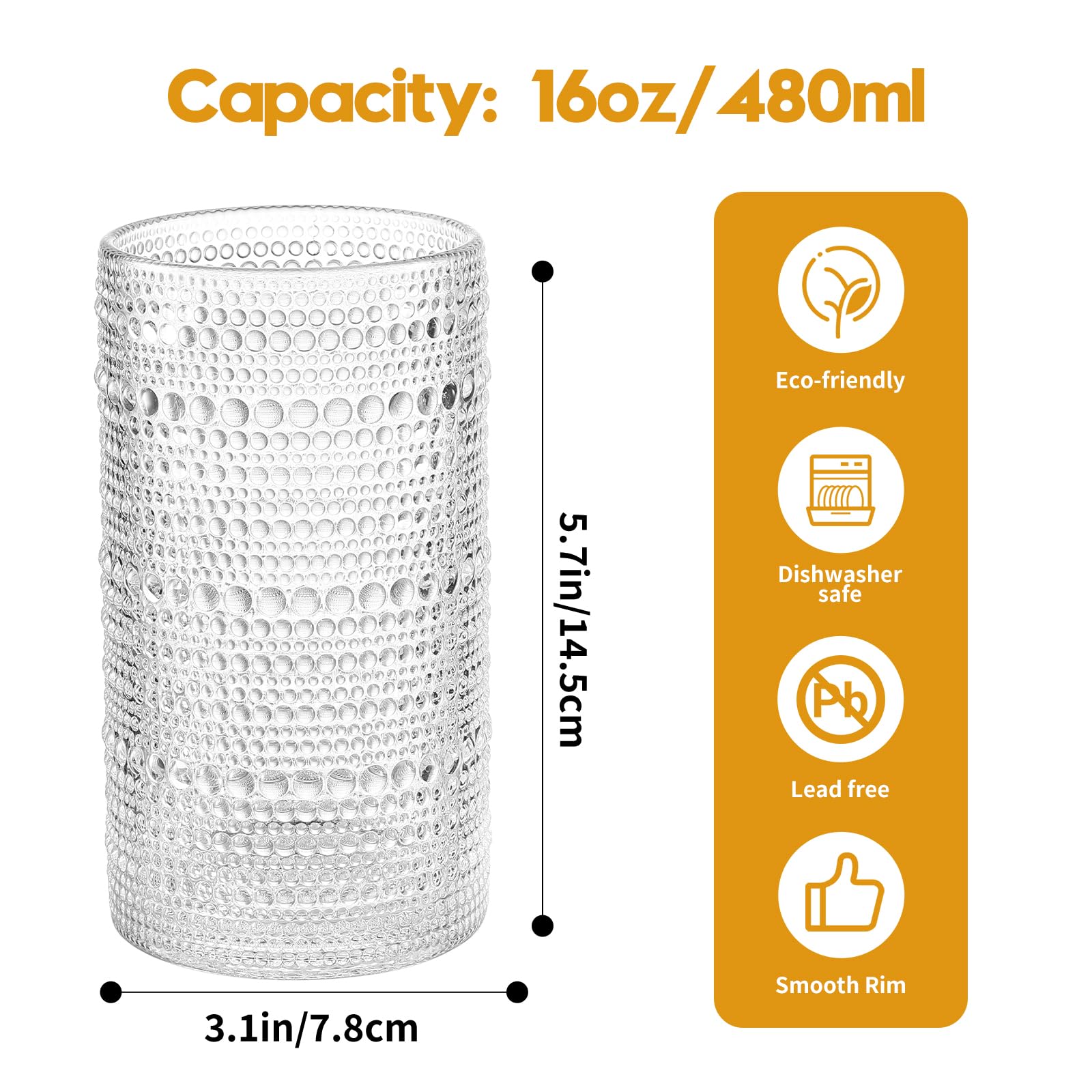 Akutaa 16oz glasses side view, sturdy grip for daily meals.