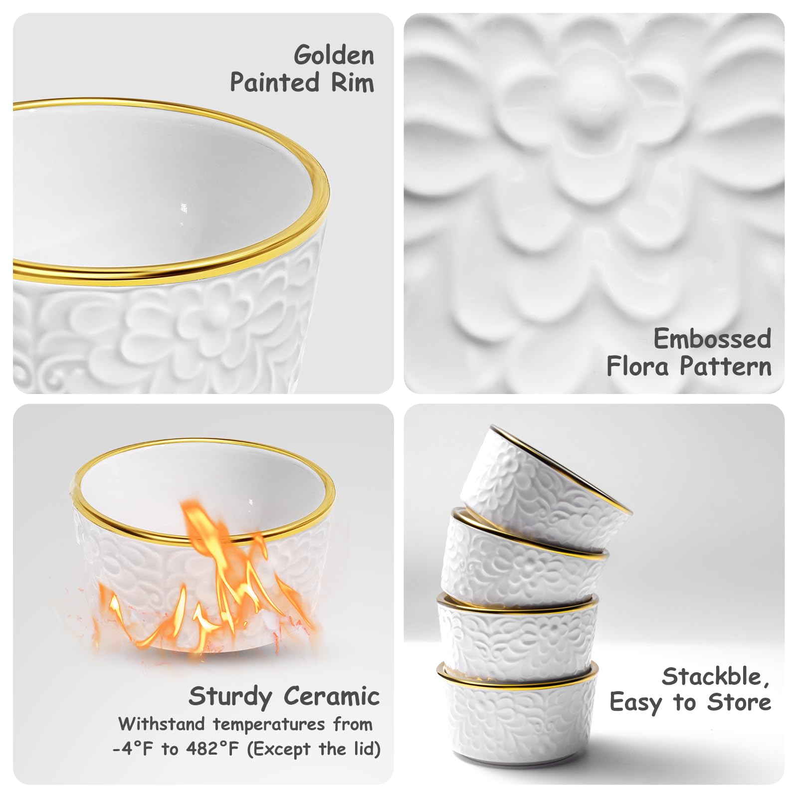 Alarrar ceramic ramekins with embossed flowers add stylish dessert presentation.