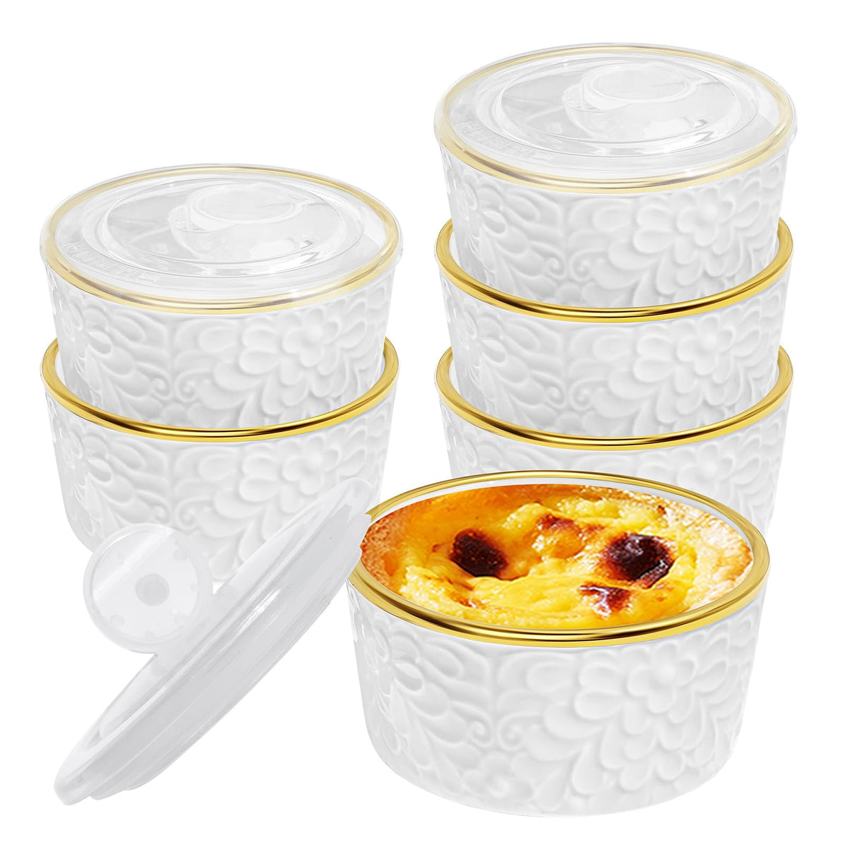 Alarrar ramekins with flora white embossed lids for elegant desserts and storage.