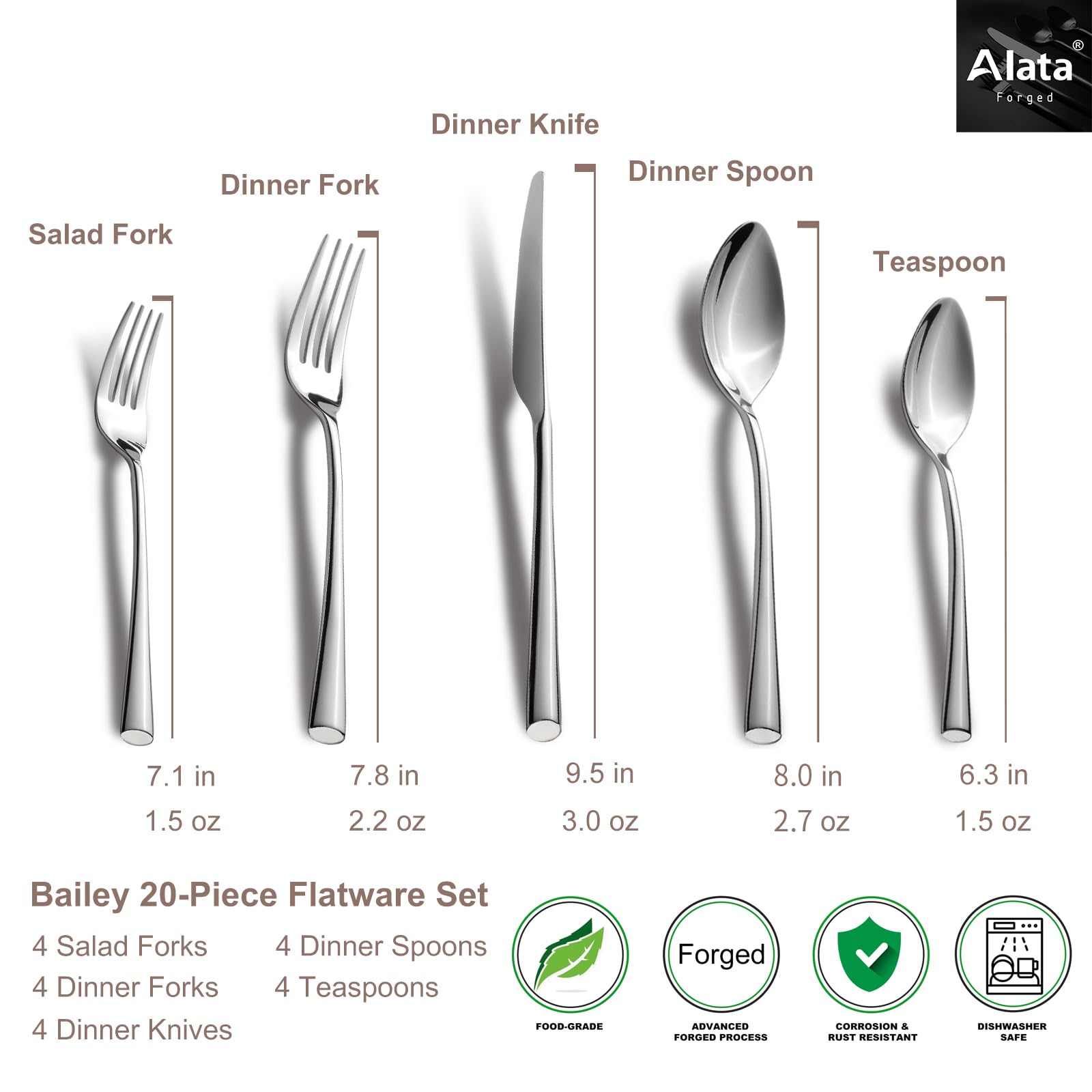 Alata Bailey salad fork with oblate handle, ideal for salads and sides.