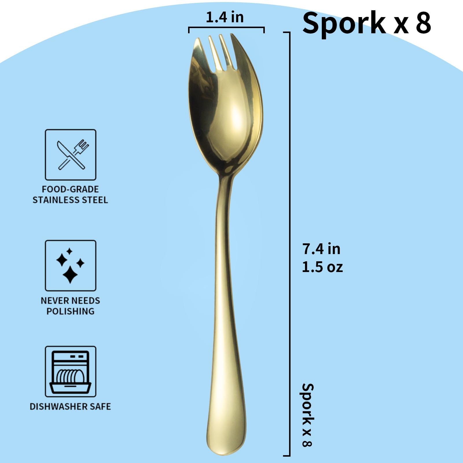 Alata sporks close-up finish reveals mirror polish and sturdy construction.