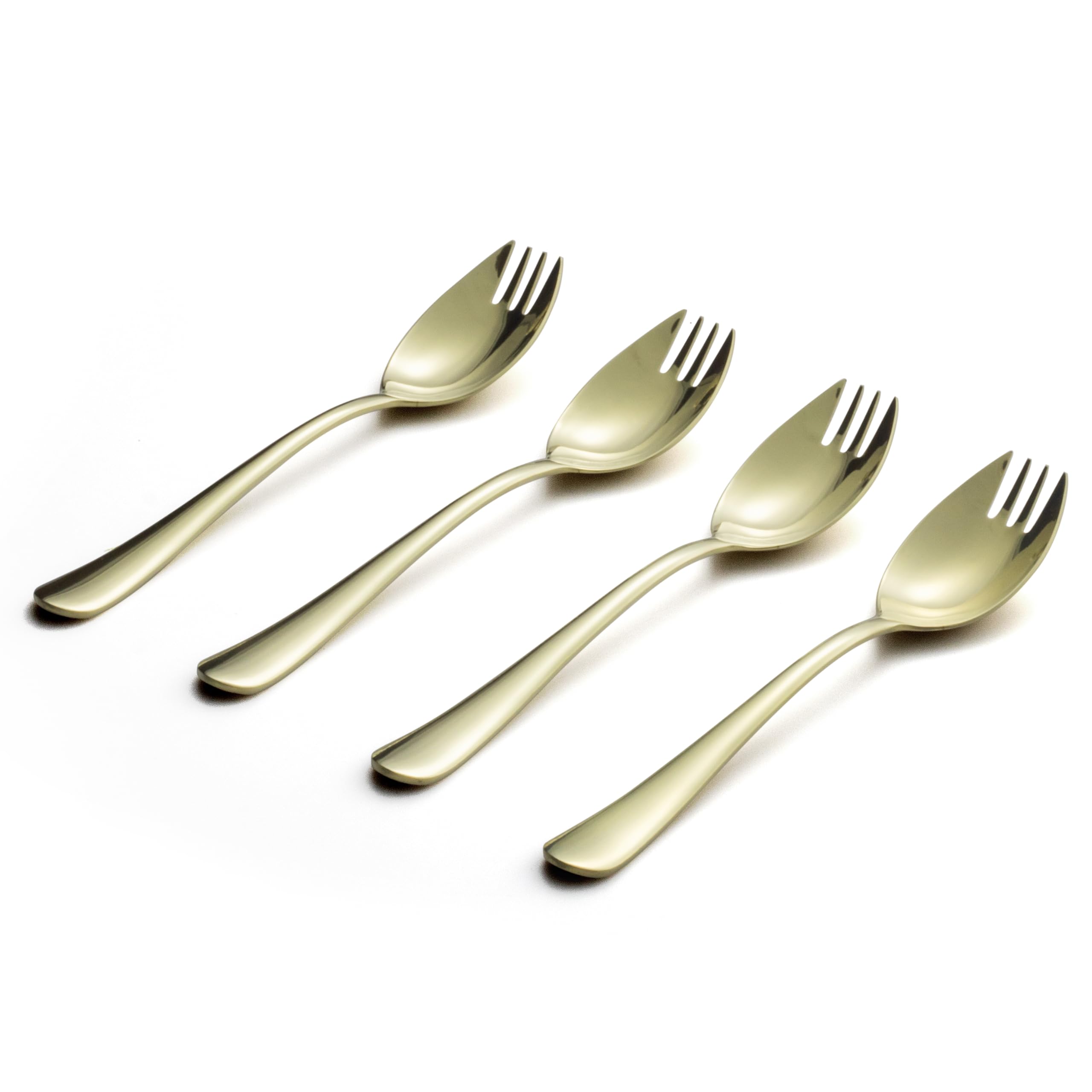 Alata Champagne Gold Mirror Sporks front view highlights elegant finish for everyday dining.