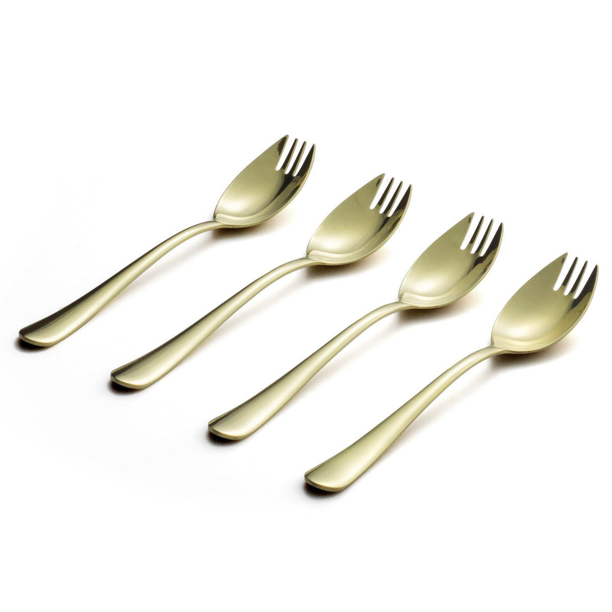 Alata Champagne Gold Mirror Sporks front view highlights elegant finish for everyday dining.