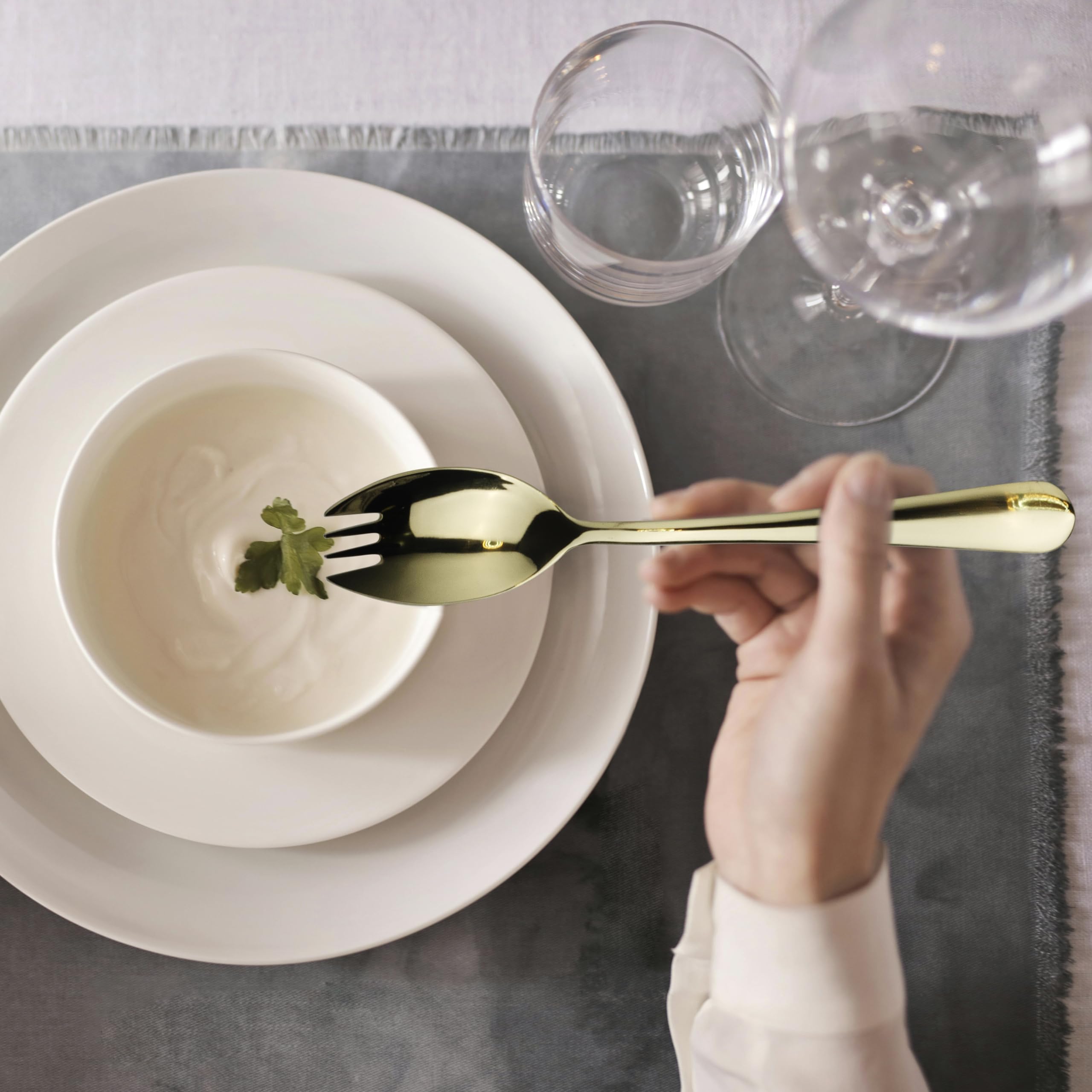 Alata spork set in use with dessert demonstrates versatile spoon-fork pairing.