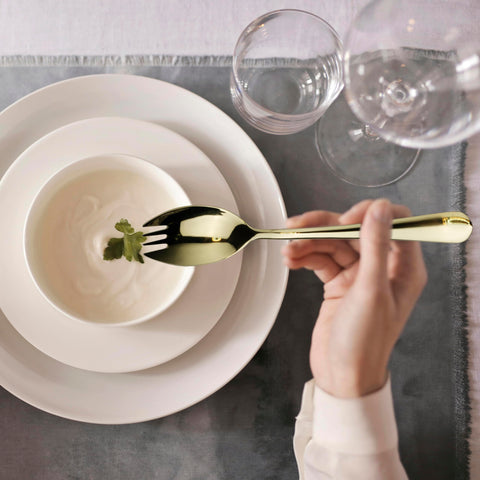 Alata spork set in use with dessert demonstrates versatile spoon-fork pairing.