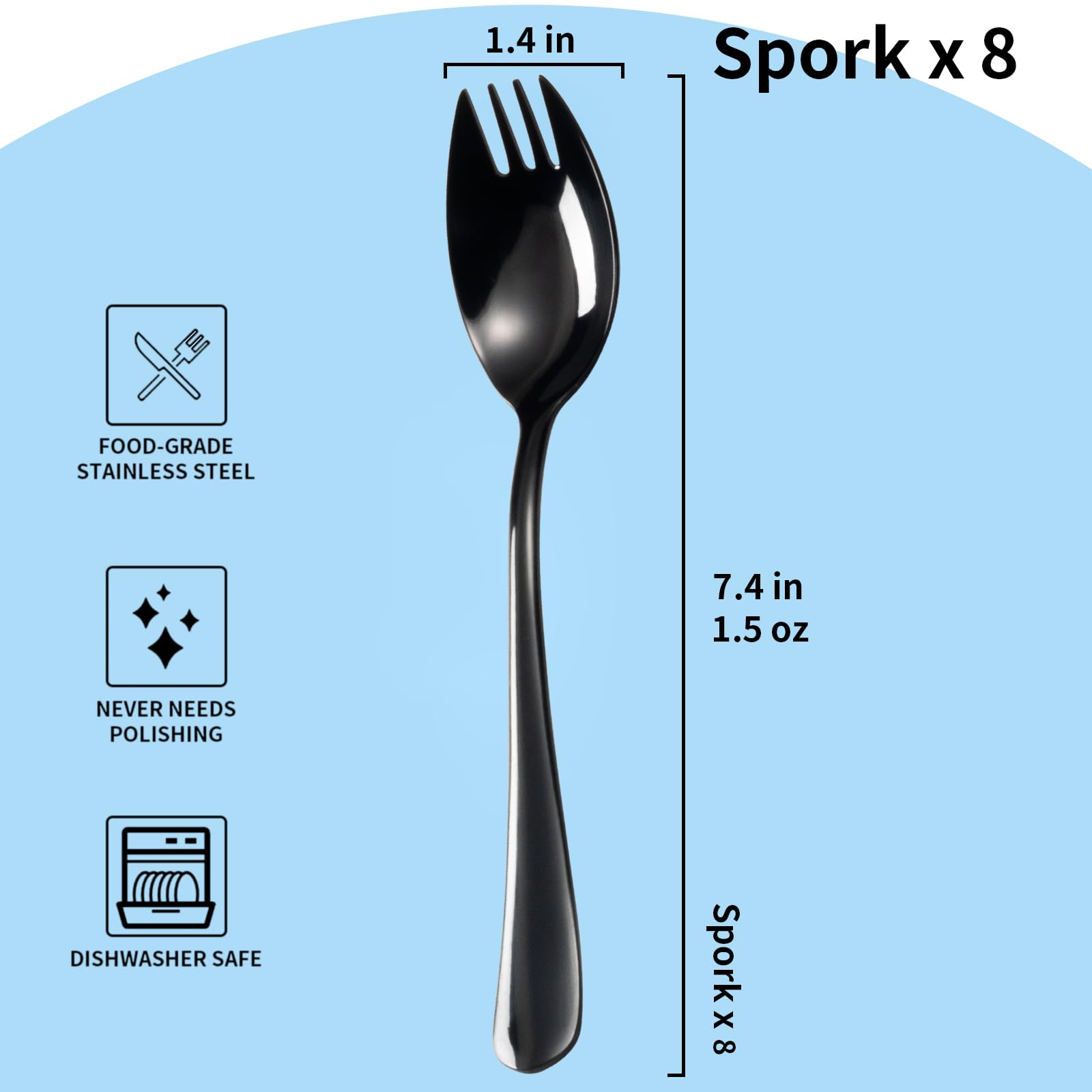 Alata sporks curved-bowl design facilitates eating soups and salads.