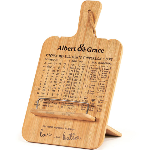 Albert&Grace adjustable bamboo cookbook stand with clear conversion chart for quick measurements.