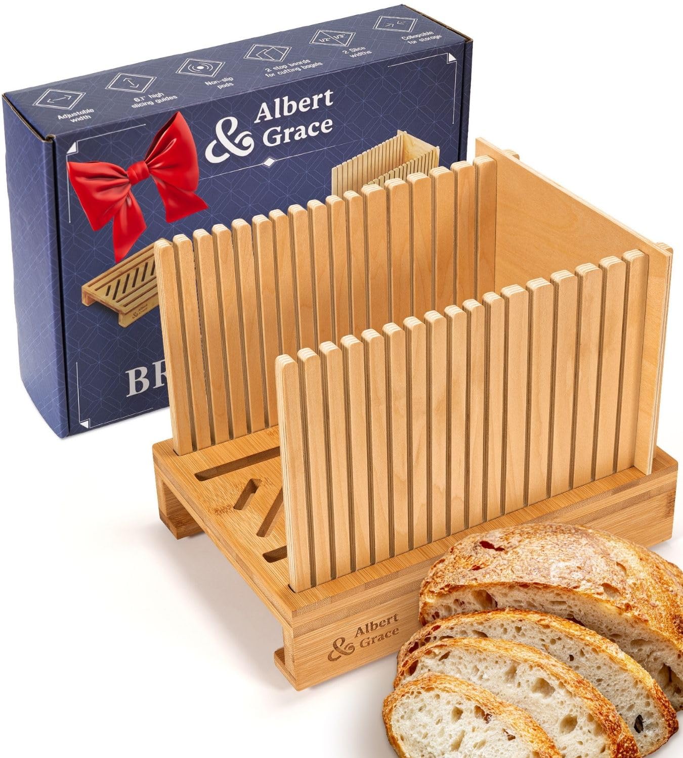 Albert and Grace adjustable bread slicer with cross-laminated bamboo for durable, clean slices.