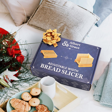 Gift-ready packaging of Albert and Grace bread slicer for bakers.