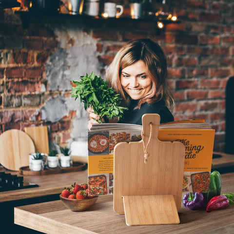 Albert&Grace conversion chart bamboo stand holds cookbooks and tablets securely.
