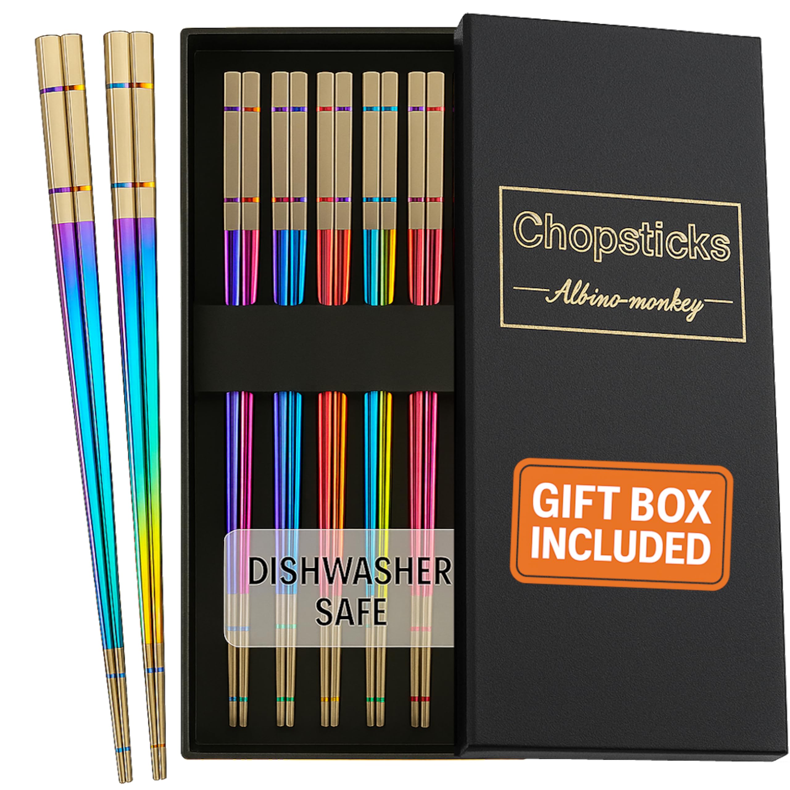Albino Monkey reusable chopsticks with rainbow holographic finish for stylish dining.