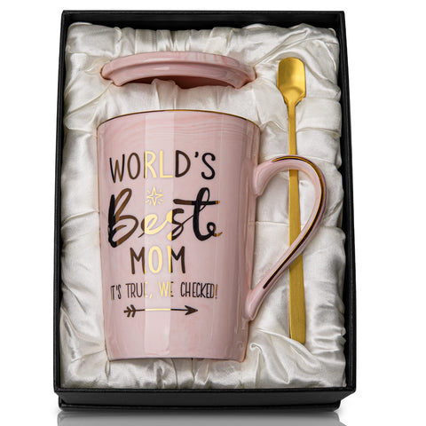 ALBISS 14oz mom mug with gold print on pink marble, ideal for gifting.