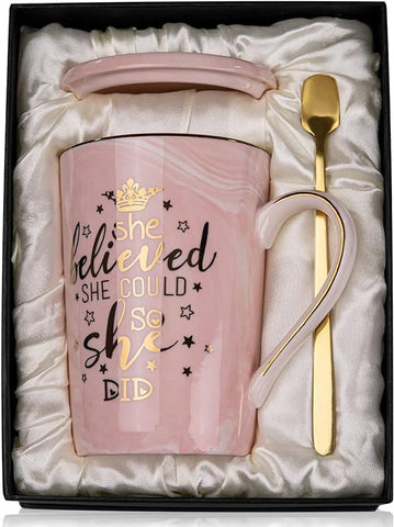 ALBISS She Believed She Could So She Did mug with pink marble design for daily motivation.