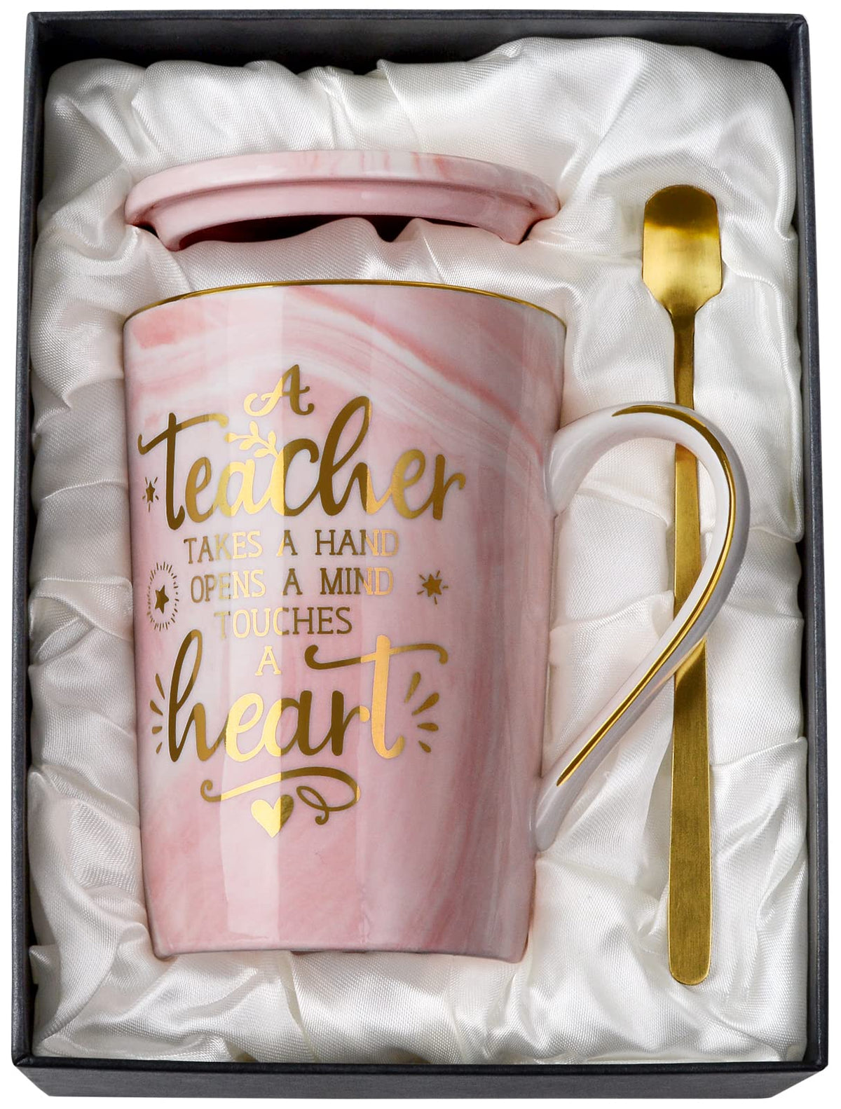 ALBISS pink marble teacher mug with gold print, ideal for daily coffee.