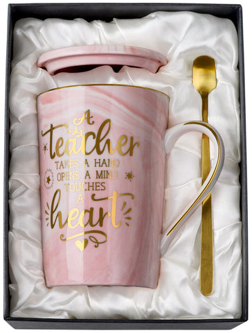 ALBISS pink marble teacher mug with gold print, ideal for daily coffee.