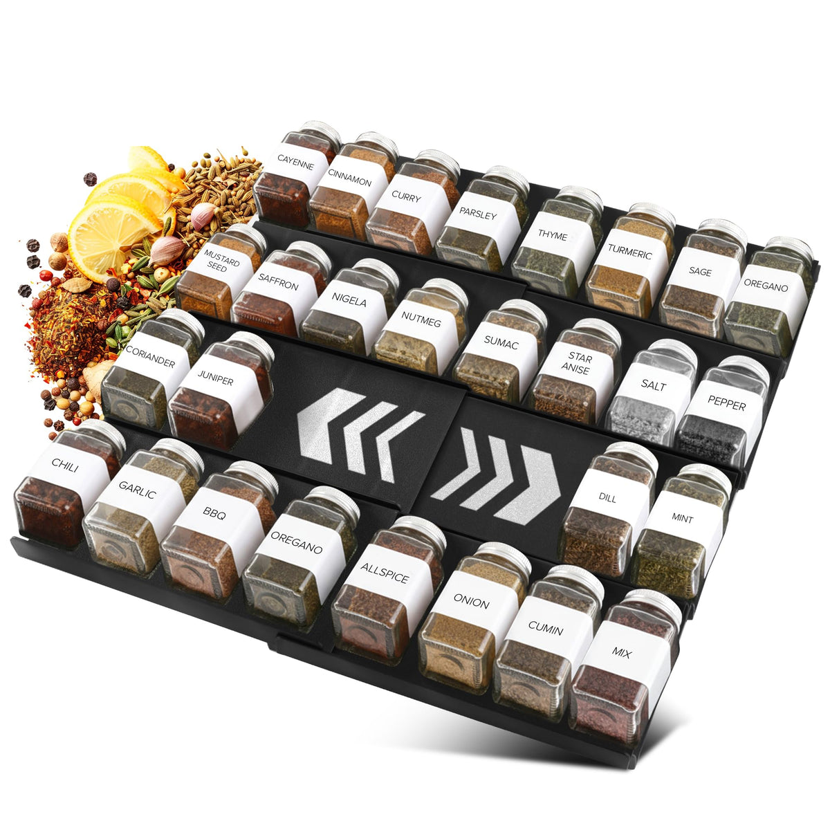 ALCOVA Spice Drawer Organizer shows adjustable width for drawers.