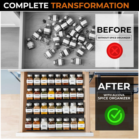 ALCOVA Spice Drawer Organizer fits inside a drawer for quick use.