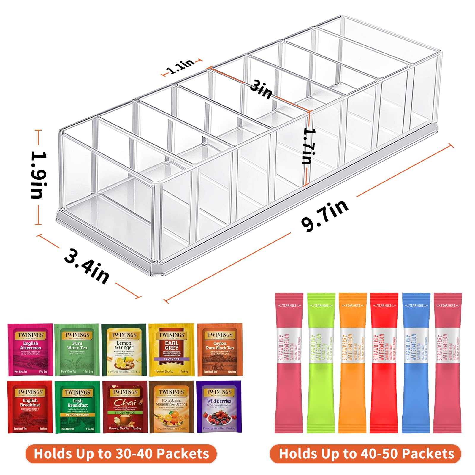 ALCYON transparent compartments highlighting upright storage for tea and packets.