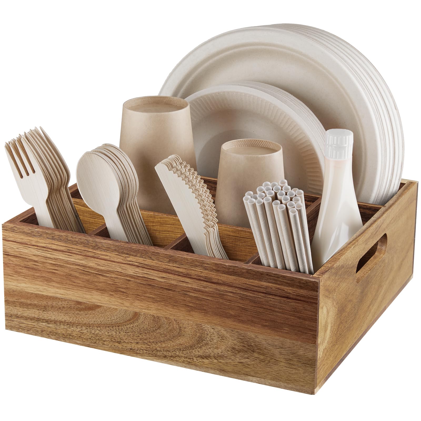 ALELION acacia wood utensil holder front view with six compartments for organized plates and flatware