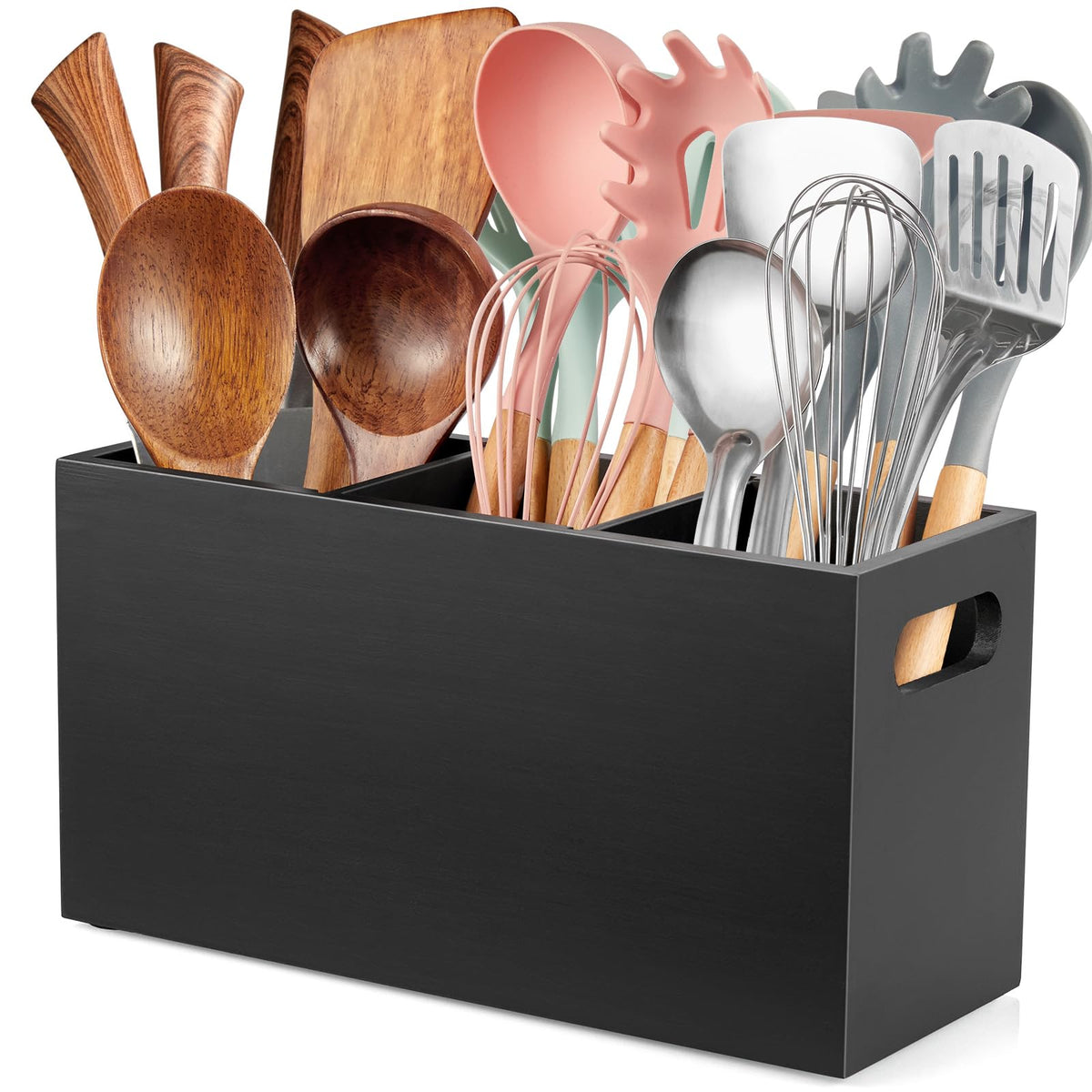 ALELION black wooden utensil holder with anti-slip base keeps counters safe and organized