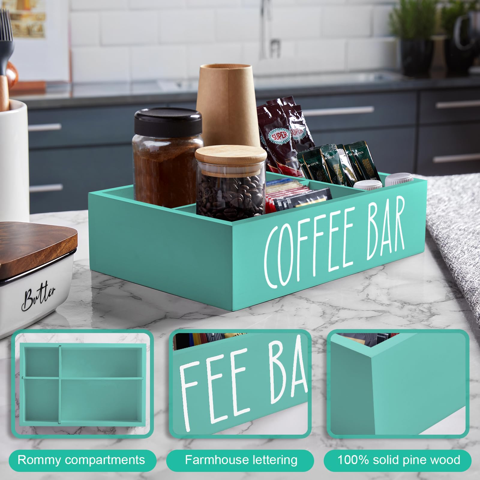 ALELION countertop beverage station keeps sugar and tea organized for quick access.