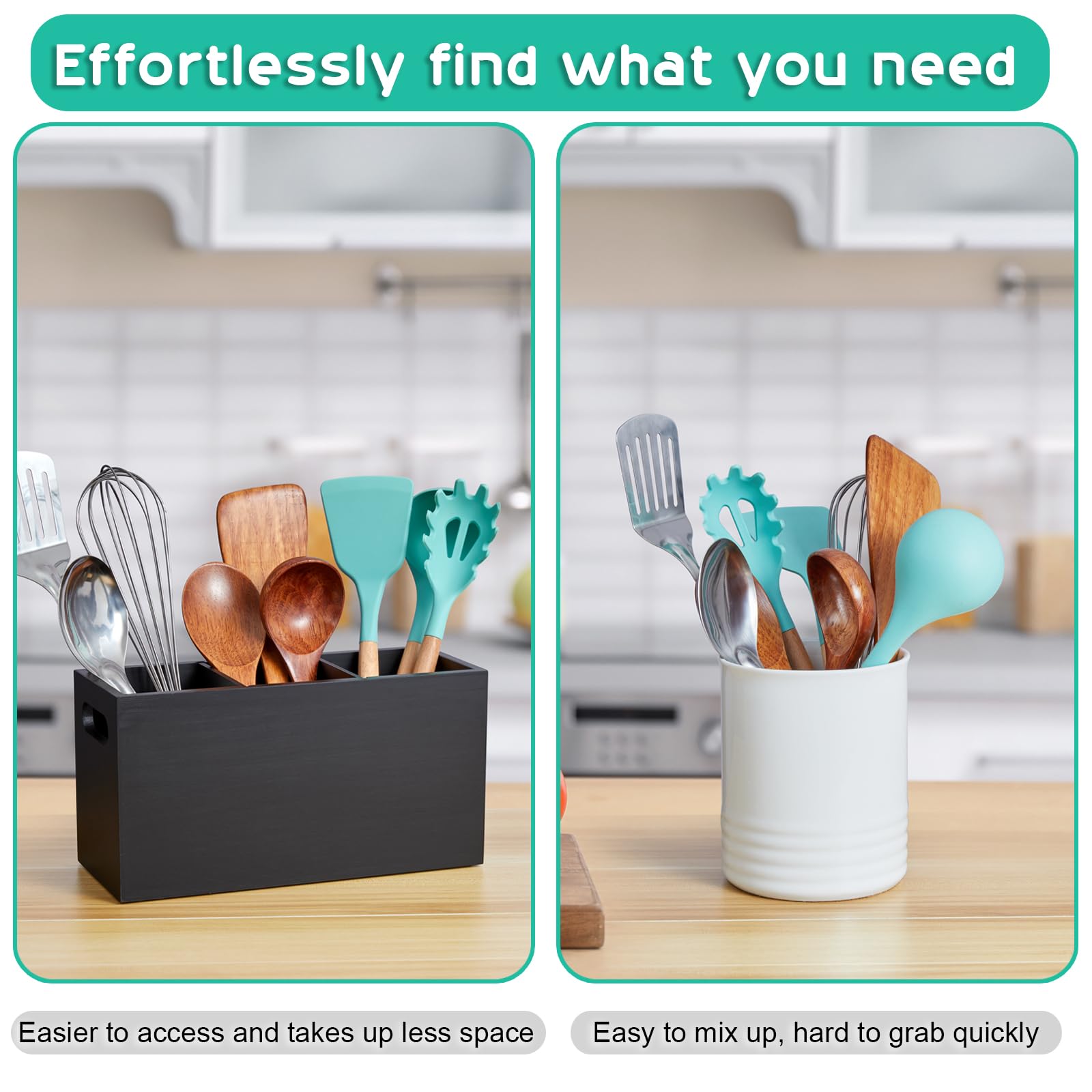 ALELION countertop utensil organizer shows sturdy pine wood for long lasting use