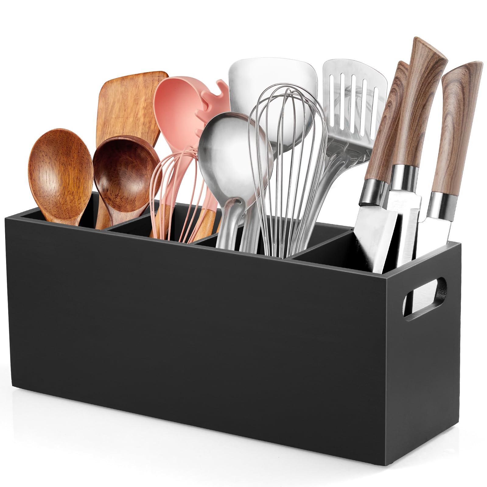 ALELION large utensil holder with removable-divider on countertop keeps utensils within reach
