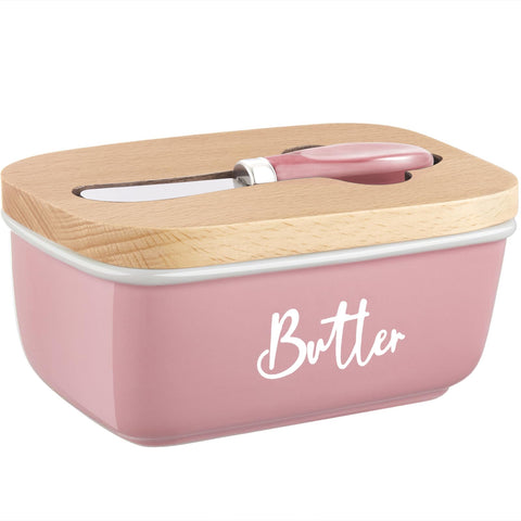 ALELION pink butter dish front view for convenient countertop storage