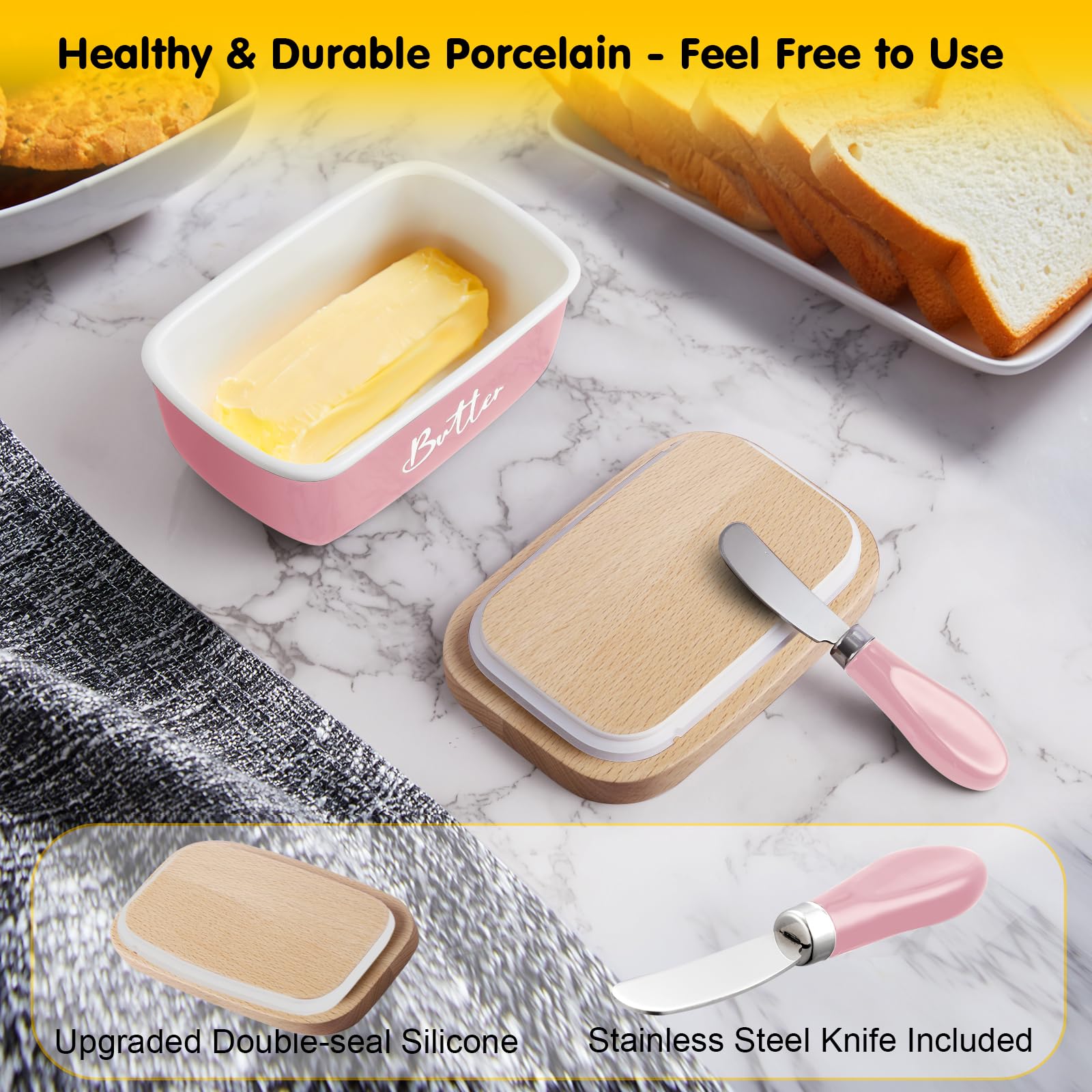 ALELION pink butter dish lid and knife showing integrated storage