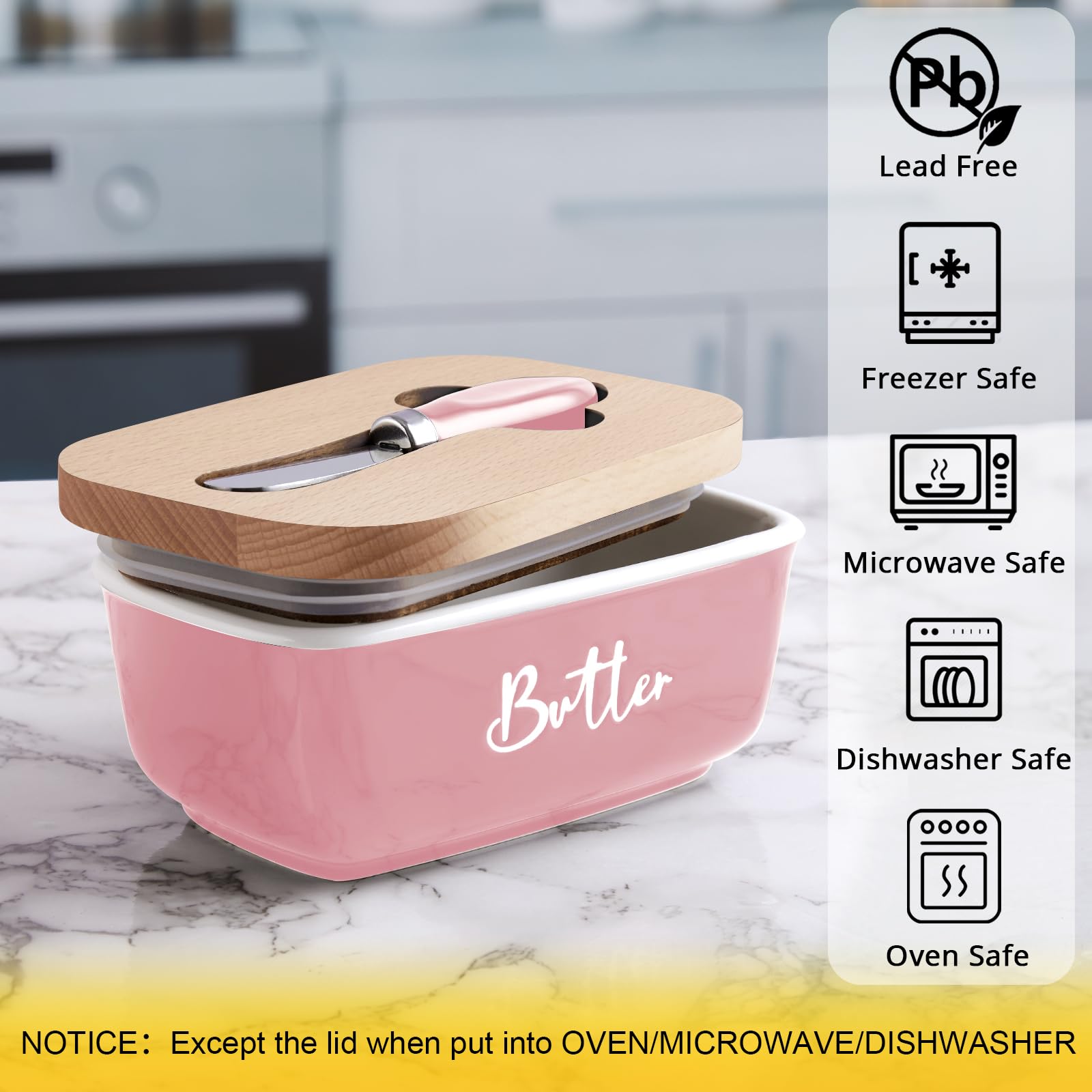 ALELION pink butter dish lid closeup highlighting beech wood lid