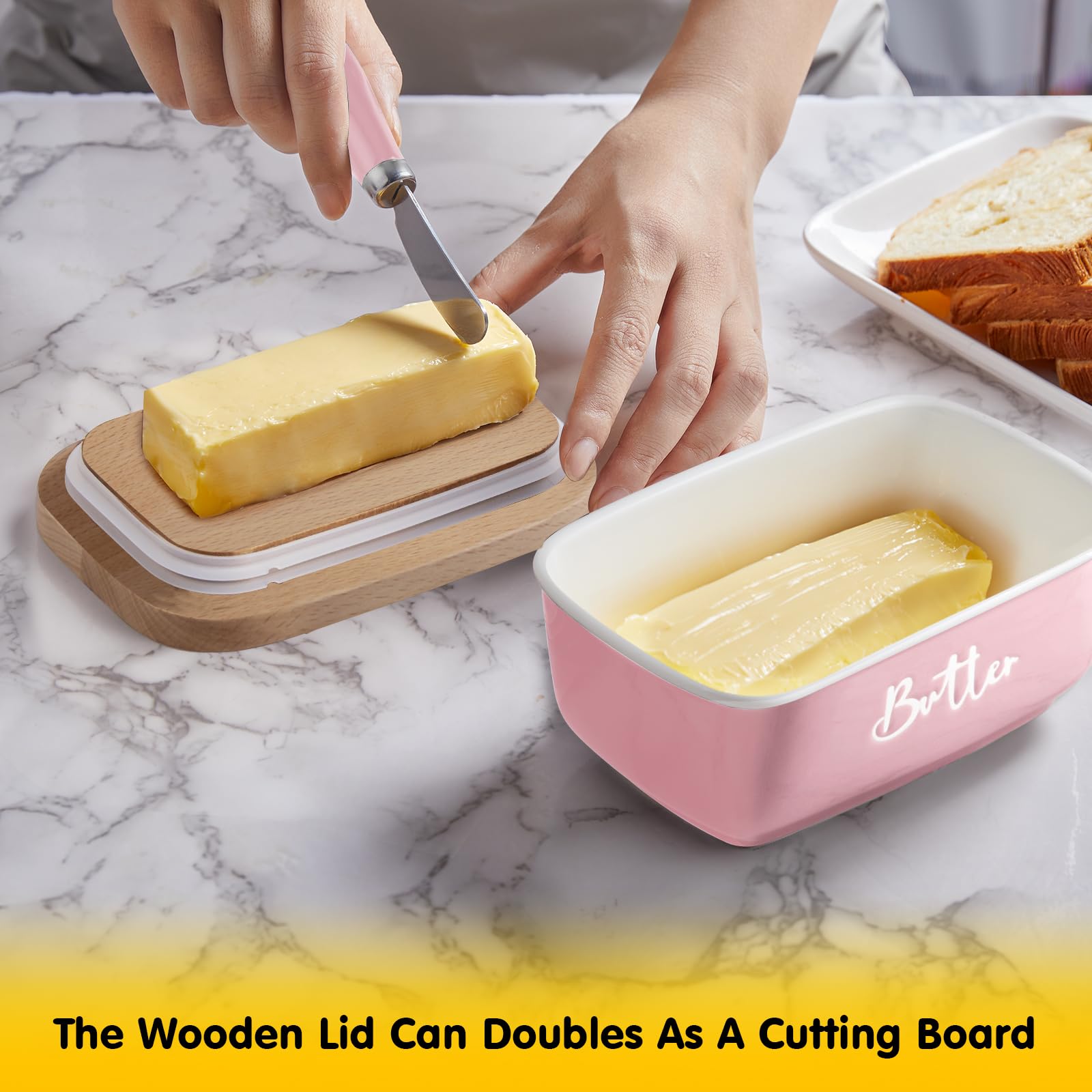 ALELION pink butter dish on a farmhouse counter matches rustic decor