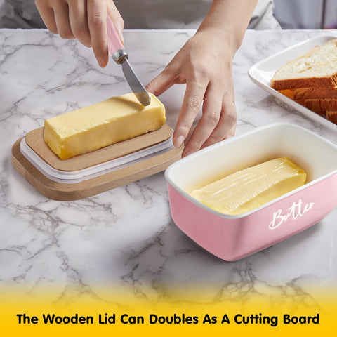 ALELION pink butter dish on a farmhouse counter matches rustic decor